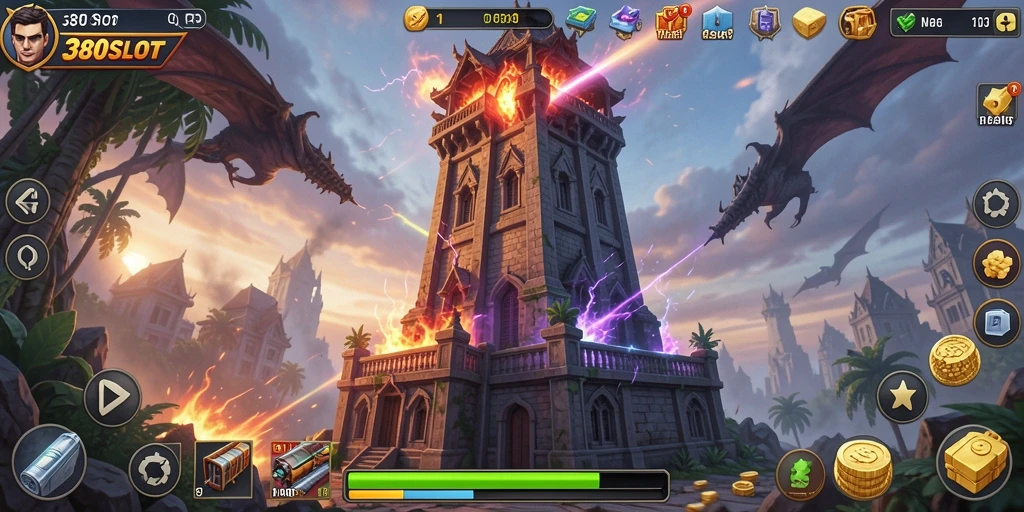 Tampilan menara dan musuh dalam gameplay Tower Defense 380SLOT.