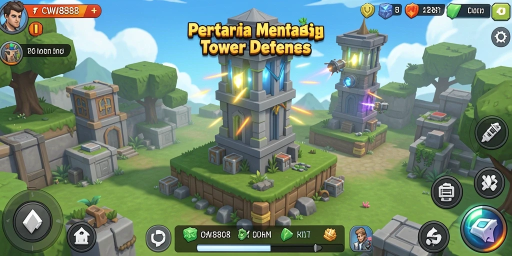 Screenshot gameplay <strong>CW8888</strong> yang menunjukkan menara dan musuh yang menantang.