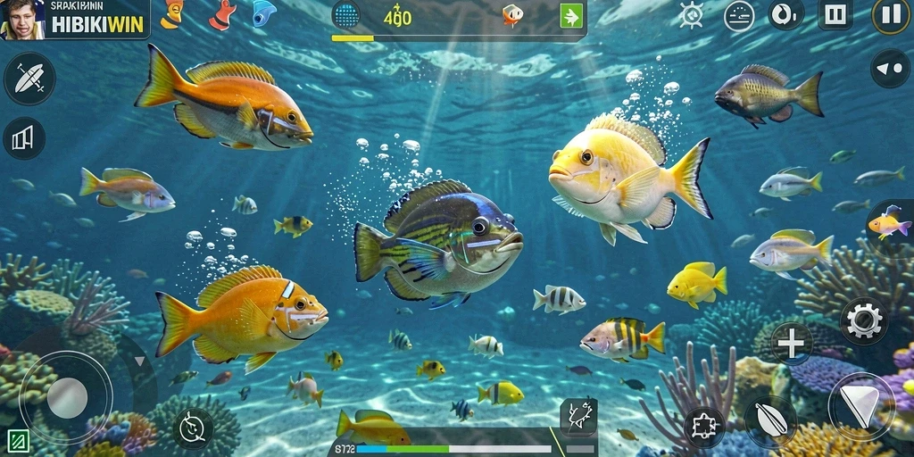 Screenshot gameplay HIBIKIWIN dengan aksi menembak ikan yang mendebarkan.