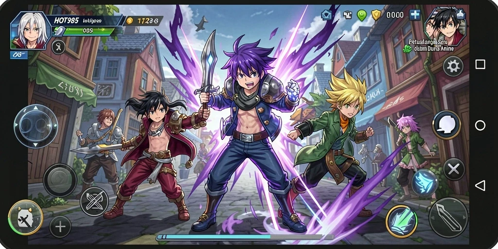 Screenshot gameplay HOT985 menampilkan karakter anime dalam pertempuran epik.