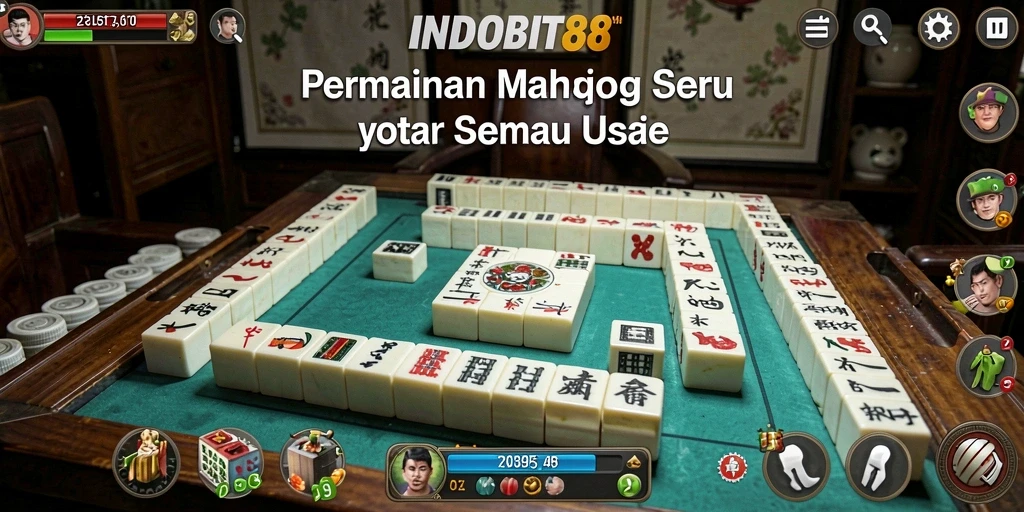 Tangkapan layar permainan INDOBIT88 dengan tampilan ubin Mahjong yang menarik.