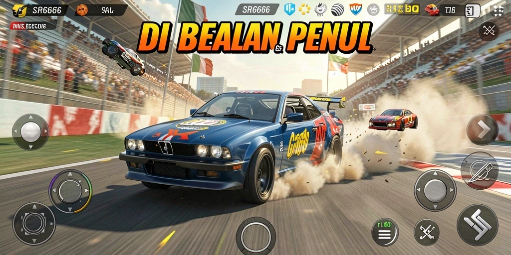 Screenshot utama SR6666 menampilkan aksi balapan seru dan mobil yang melaju kencang.