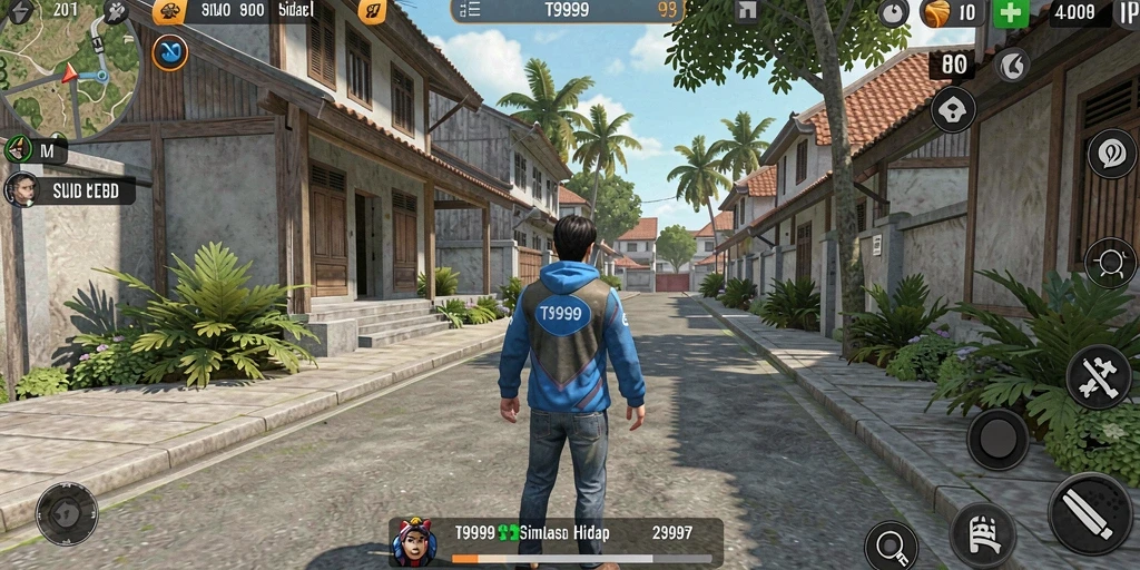 Gameplay menarik dalam T9999 yang menunjukkan simulasi dunia sehari-hari.