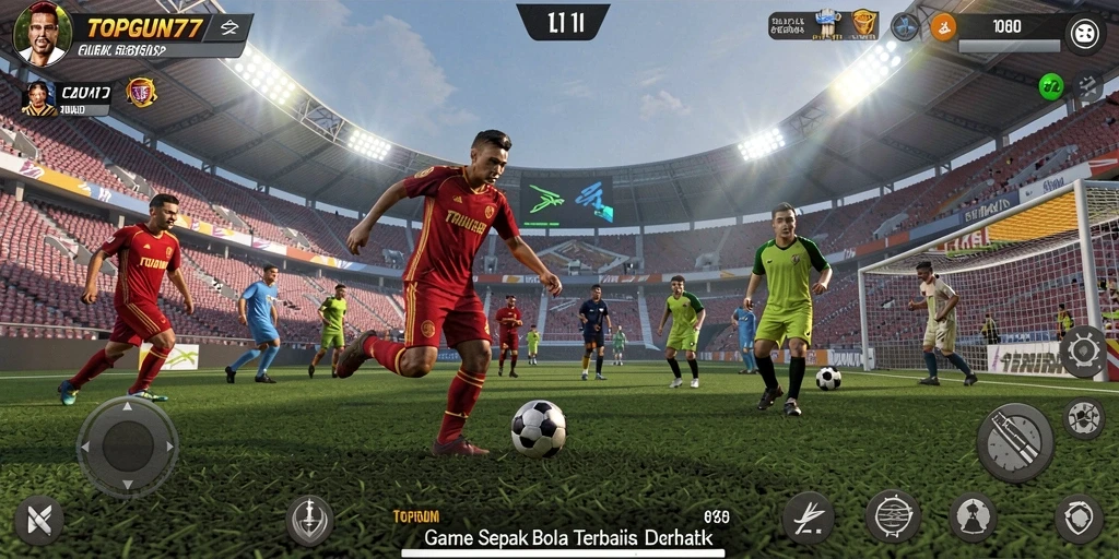 Screenshot gameplay TOPGUN77 menampilkan aksi sepak bola yang menegangkan.